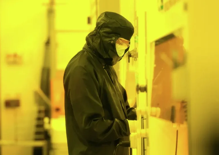 Wearing protective gear, a researcher works in a lab at the AggieFab Nanofabrication Facility on Texas A&M’s campus in College Station on Wednesday, June 3, 2026.
